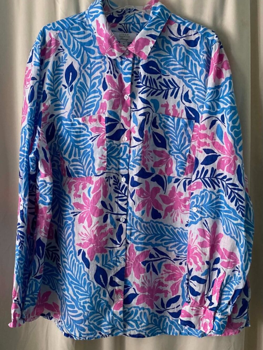 Charter Club Luxury Linen Shirt XL Pink Blue Floral Tropical Lilly Pulitzer Dupe